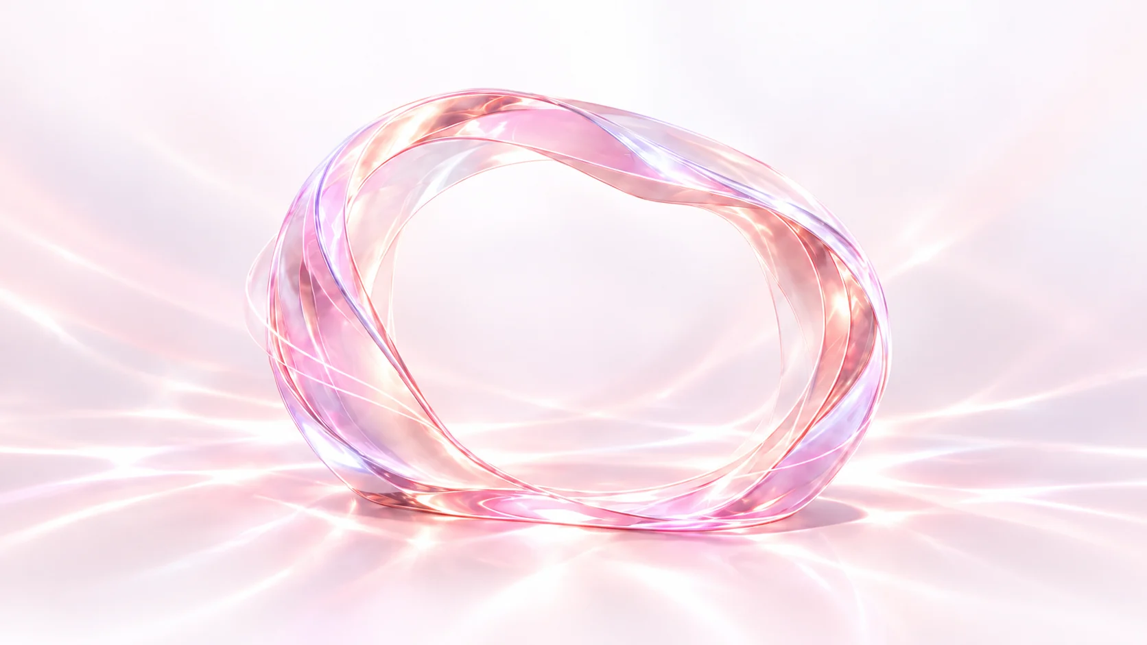 Portal de vidro translúcido rosa, com reflexos lilás e luz perolada.